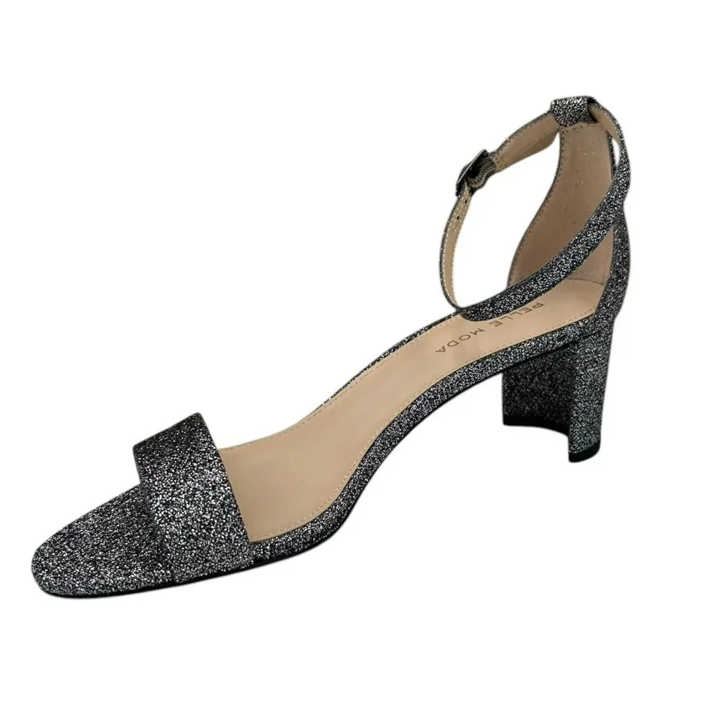 Pelle Moda Womens Monroe Sandal 8 Metallic Black Finished Block Heel Ankle Strap
